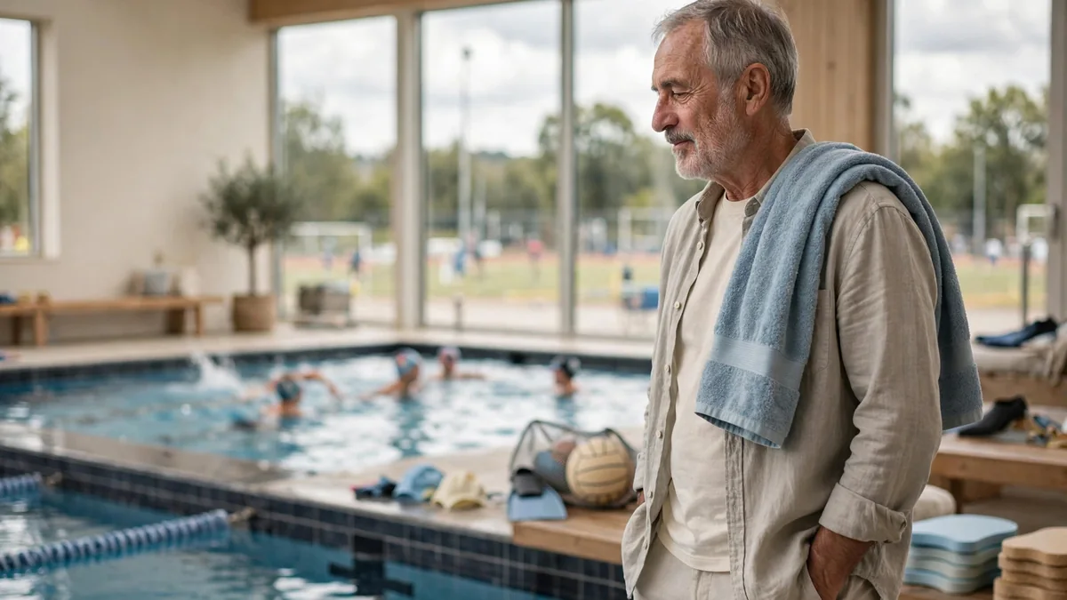 Older adult standing at the edge of an indoor swimming pool with a towel over one shoulder