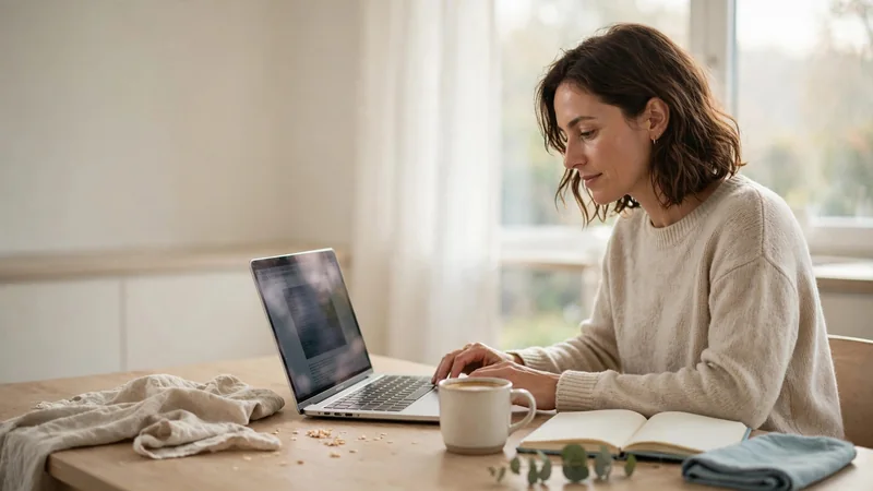 Laptop open on a kitchen table beside a mug and a notebook, with morning light coming through a window