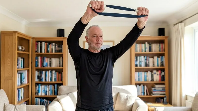Van, founder of ShoulderBack Pro, standing in his living room holding the trainer overhead