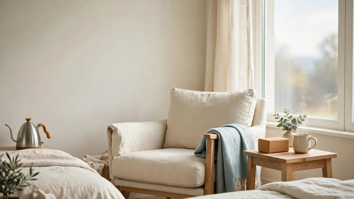 A calm, bright living room with an armchair beside a window and a small exercise item resting on a side table
