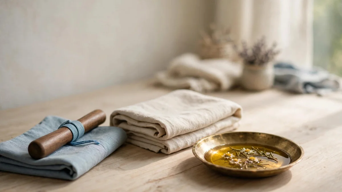 A small brass dish of warm oil beside a folded towel on a wooden table, with soft morning light