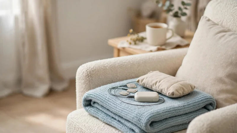 A small portable device with thin leads resting on a folded blanket beside an armchair
