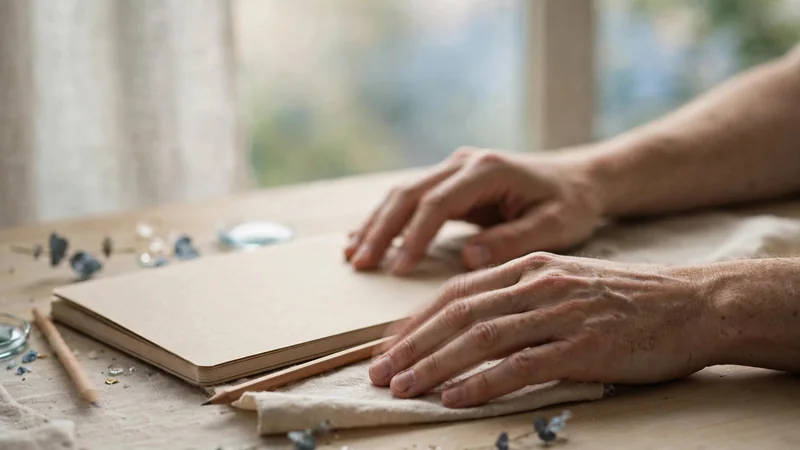 A pair of hands resting on a table in soft daylight with a notebook and a pencil nearby