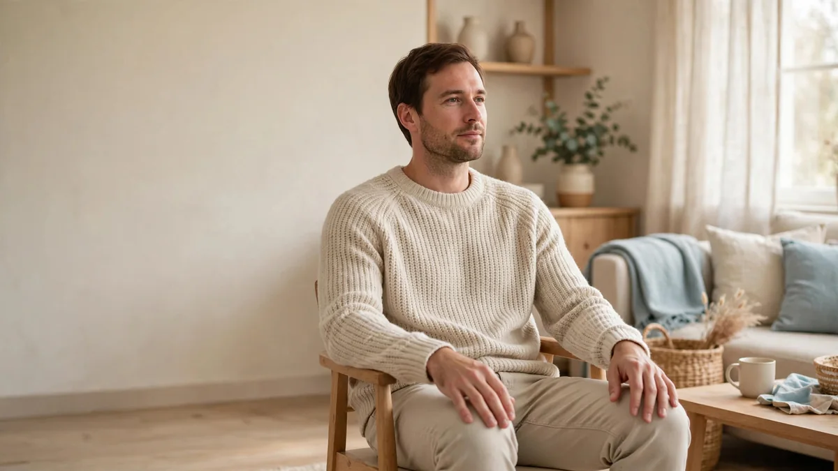 A person sitting upright in a chair with both arms relaxed on their knees in a bright room