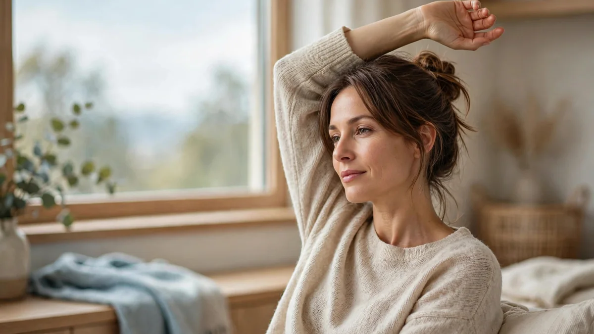 A person seated by a window reaching one arm gently upward with a relaxed posture