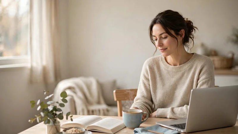 A person sitting upright at a kitchen table with a cup of tea, shoulders relaxed, in soft morning light.