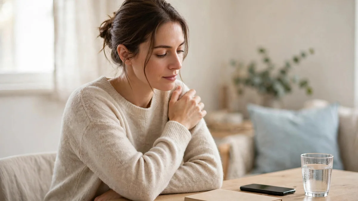 A person sitting in a bright room holding one shoulder gently, with a phone and glass of water on a side table.