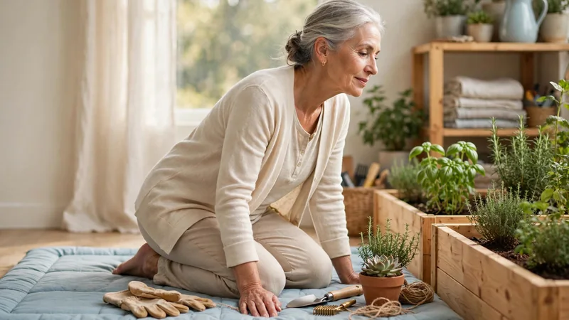 An older adult kneeling on a padded mat beside raised garden beds with tools and a small potted plant.