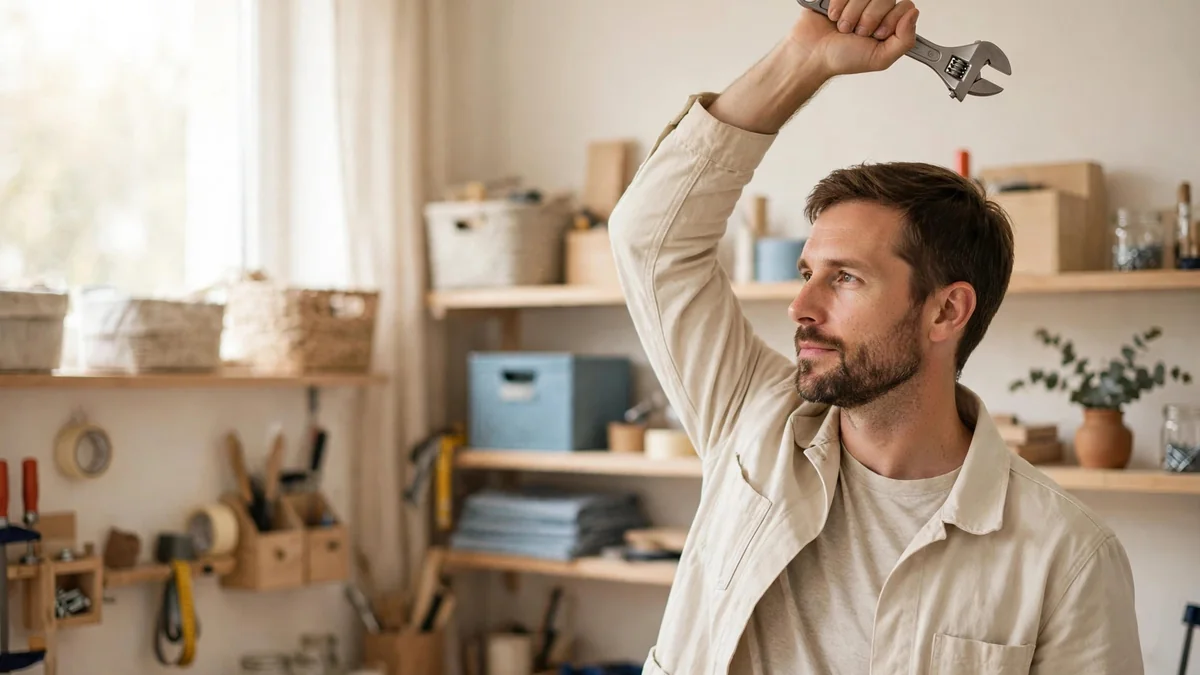 A tradesperson stretching one arm overhead while holding a tool, in a bright workshop with shelves in the background.