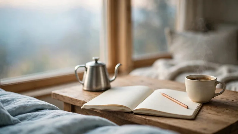 An open notebook with a pencil and a small cup of coffee on a wooden table beside a window.