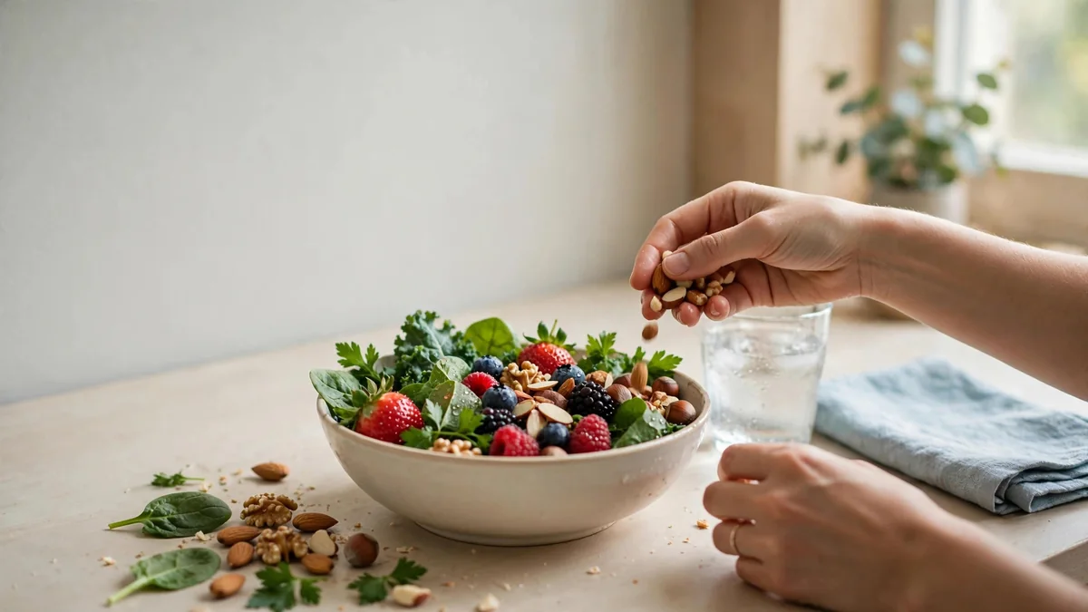 A bowl of fresh berries, leafy greens and nuts on a light countertop, with a glass of water nearby.