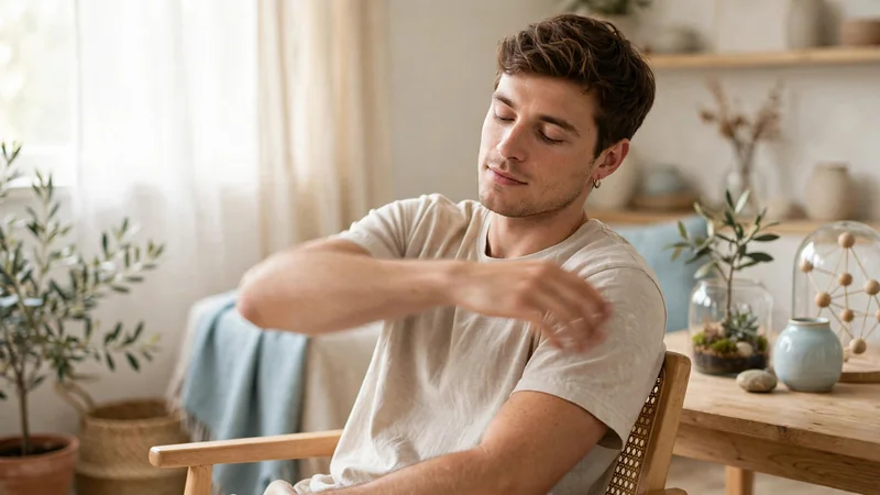 A person gently reaching one arm across the body in a bright living room, seated in a chair with a relaxed posture.