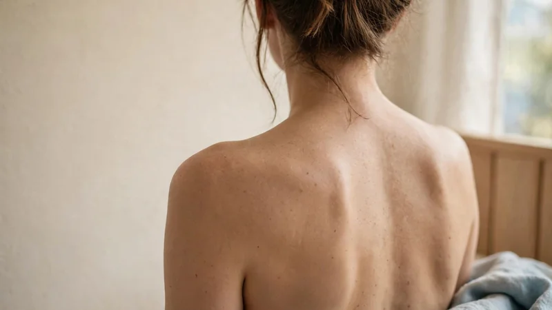 A close, neutral illustration of a person's upper back and shoulder blades seen from behind, with soft light and no visible face