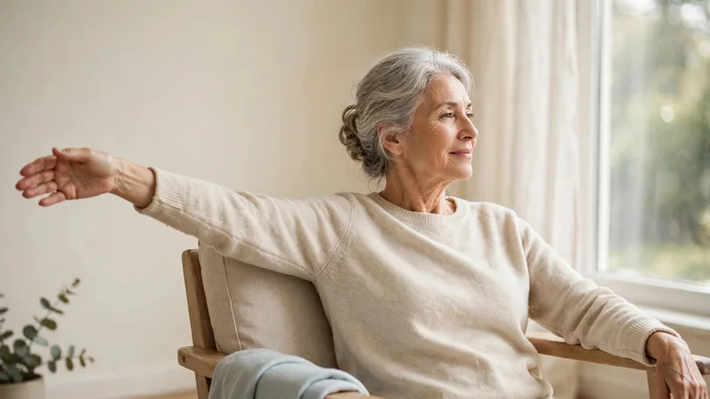 An older adult seated upright in a sturdy armchair, relaxed shoulders, a window with soft daylight beside them