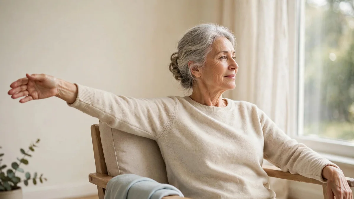An older adult seated upright in a sturdy armchair, relaxed shoulders, a window with soft daylight beside them