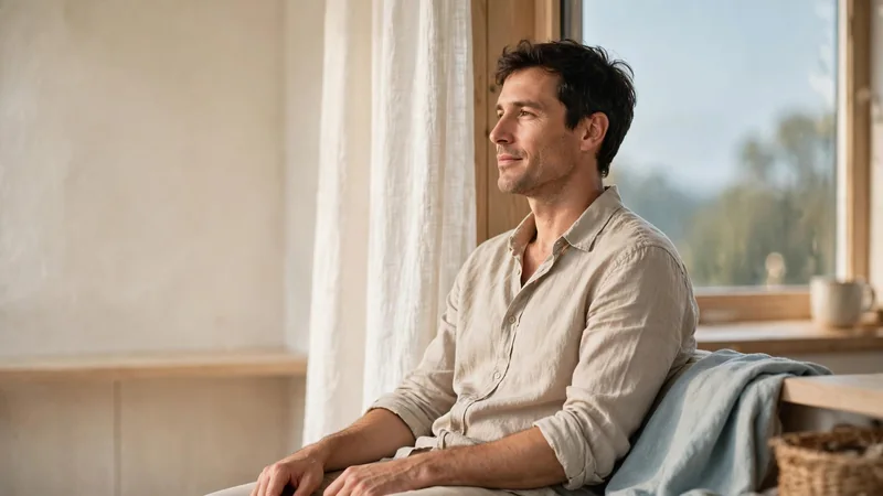 A person seated by a window with both arms relaxed at their sides, shoulders loose, soft morning light
