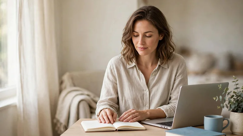 A person sitting upright at a table with relaxed shoulders, hands resting on a notebook, soft natural light