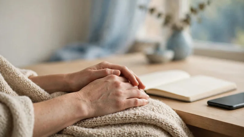 A pair of hands resting in a lap on a soft blanket, relaxed, with a notebook nearby, neutral indoor light