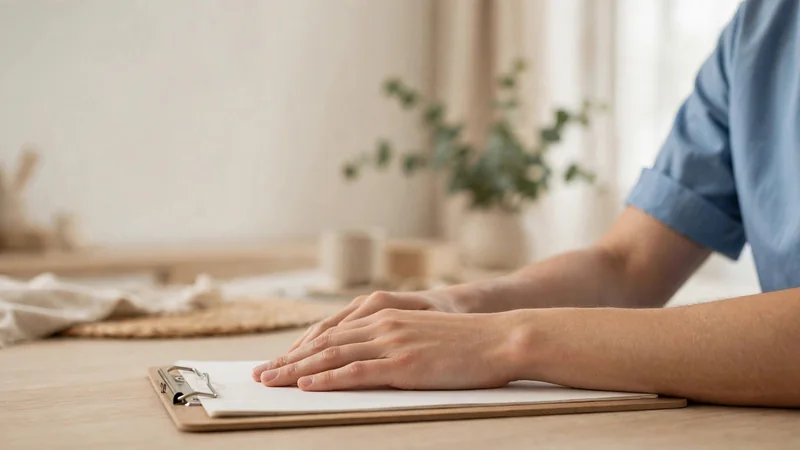 A pair of hands resting on a clipboard on a table in soft daylight, no face visible.