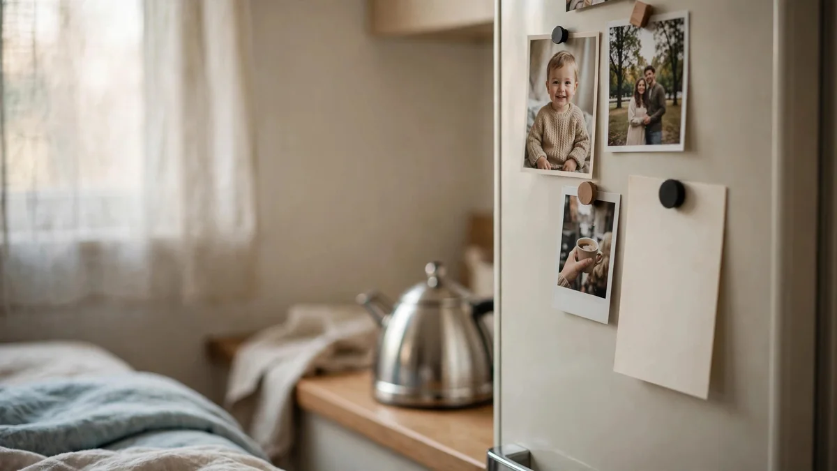 A fridge door with a handwritten index card held by a magnet among family photos, warm kitchen light
