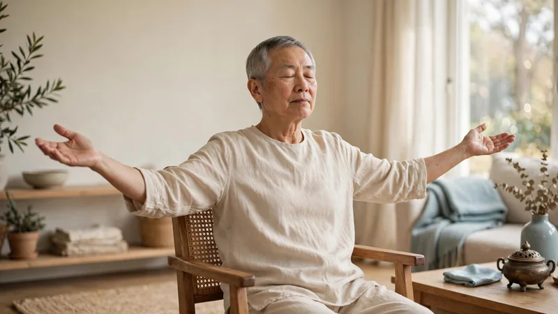 An older adult seated upright in a sturdy chair in a bright living room, arms gently lifted to the sides
