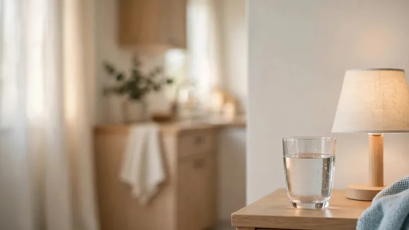 A glass of water and a folded towel on a wooden bedside table beside a lamp