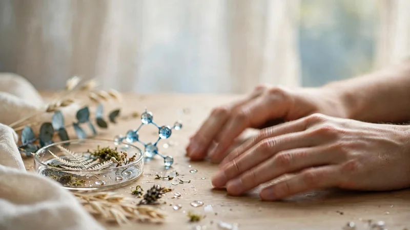 Hands resting on a wooden table in soft natural daylight, fingers slightly relaxed