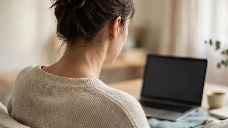 A woman seen from behind, seated at a laptop by a window, shoulders relaxed