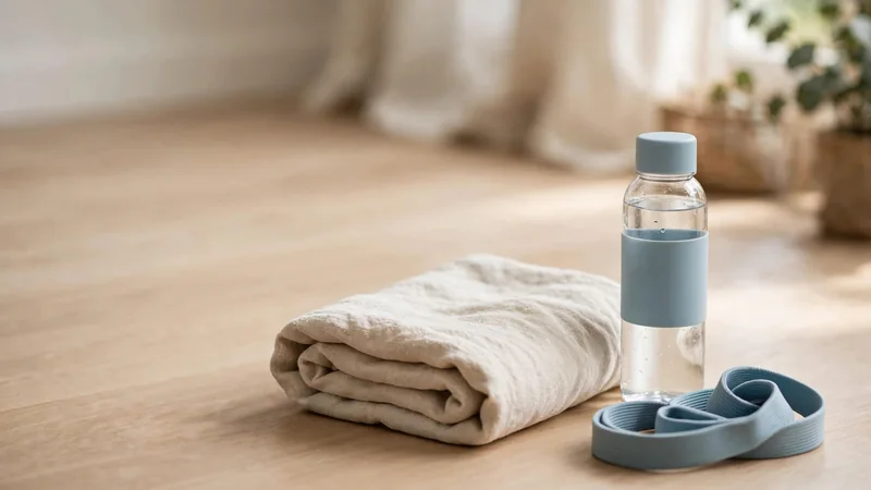 A folded towel, a water bottle and a resistance band on a living room floor in daylight