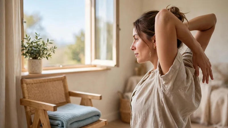 A sunlit room with an open window, a plant on the sill and a folded blanket on a chair