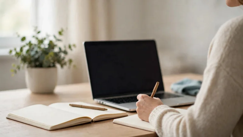 A notebook, pen and laptop on a desk, with a potted plant in the background