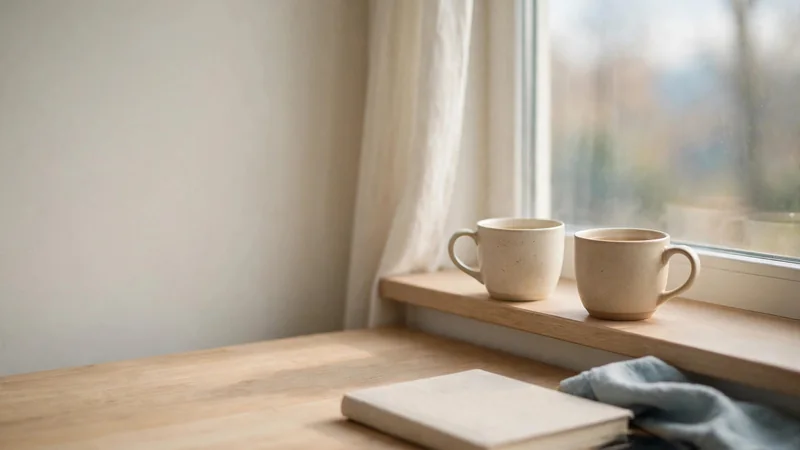 Two cups of tea on a windowsill in calm morning light