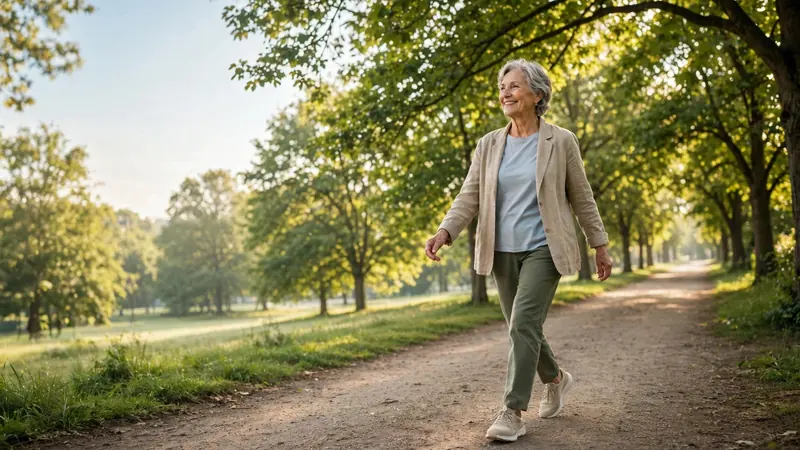 An older adult walking on a tree-lined path on a sunny morning, wearing comfortable shoes
