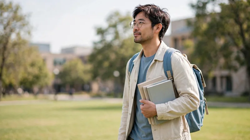 A student with a backpack walking across a bright campus lawn carrying books