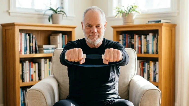 Van, founder of ShoulderBack Pro, seated in a cream armchair holding the trainer at chest height