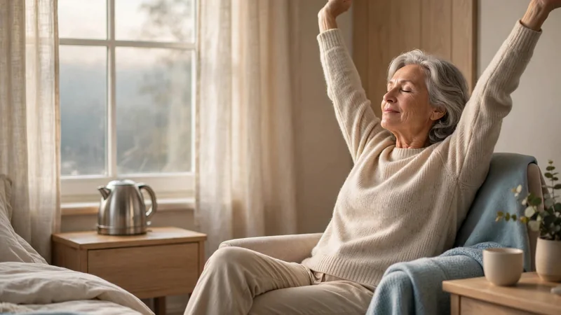 An older adult sitting in a comfortable armchair by a window with morning light, relaxed and stretching their arms