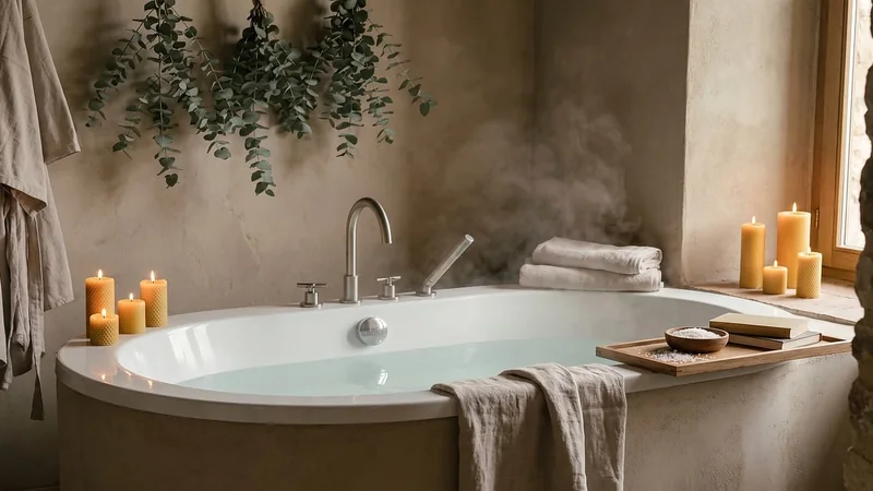A warm bath with a folded towel on the rim and a soft lamp glowing in a quiet bathroom