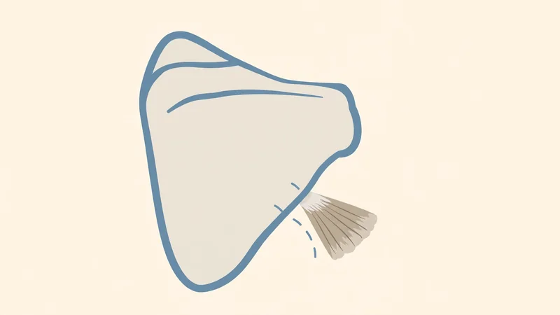 Diagram-style illustration of a simple upper body showing the shoulder blade and a small chest muscle, with soft neutral colours