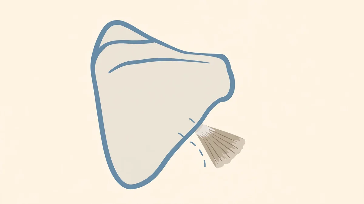 Diagram-style illustration of a simple upper body showing the shoulder blade and a small chest muscle, with soft neutral colours