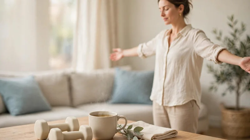 Soft natural light falling on a pair of light hand weights beside a cup of tea on a wooden table