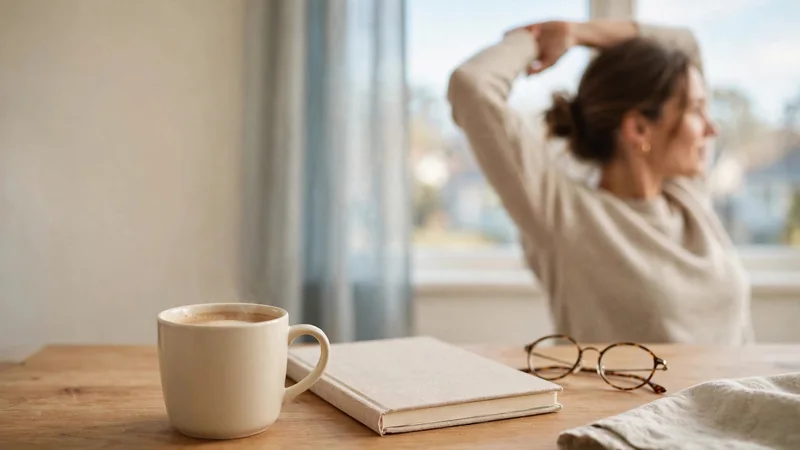 A cup of coffee on a desk beside a closed notebook and reading glasses, with a window in the background