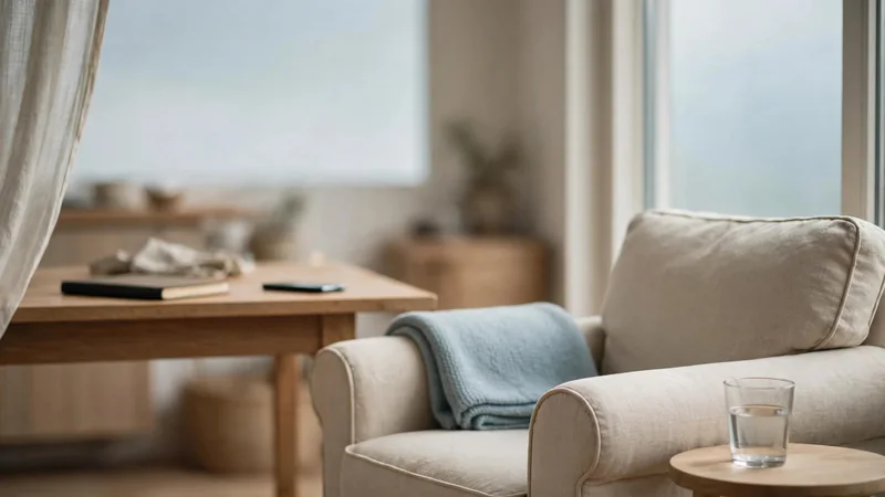 A quiet armchair beside a window with a folded blanket and a glass of water on a small side table