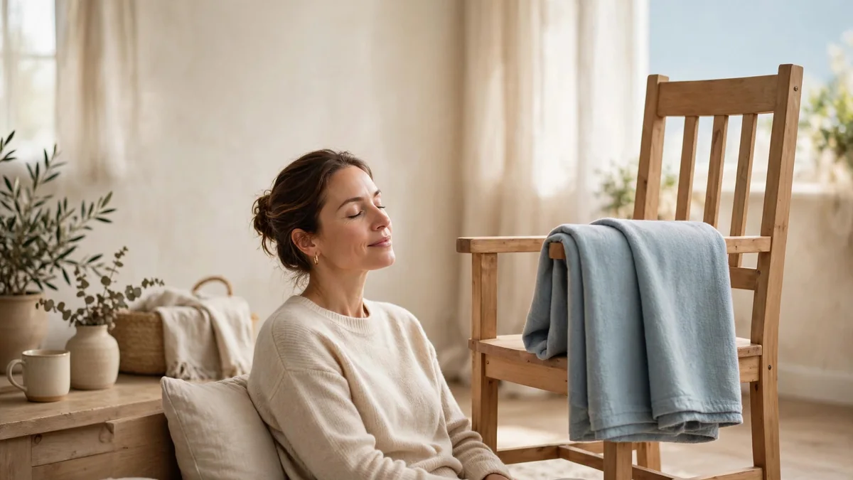 A straight-backed wooden chair in a sunlit room with a folded blanket draped over one arm
