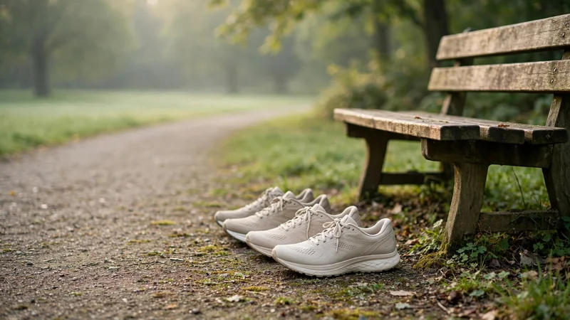 Running shoes lined up on a path beside a park bench in early morning light
