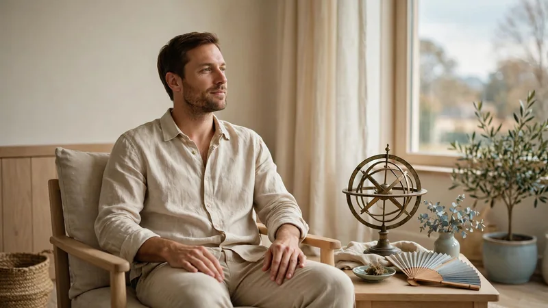 A person seated upright in a armchair by a window, hands resting on the thighs, looking calm and relaxed