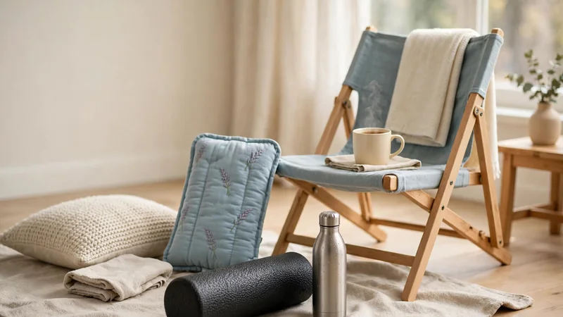 A foam roller and a water bottle resting on a yoga mat beside a folding chair in a bright living room