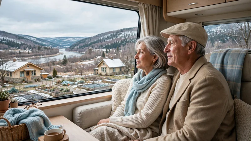 An older couple seated in a parked camper van at a roadside lookout, with a wide view of hills and a river