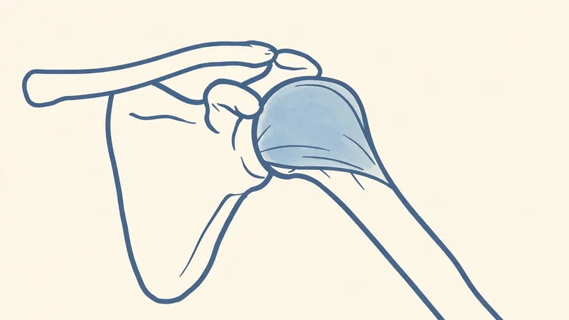 A simple line drawing of a shoulder with the rounded outer muscle shaded in soft blue, on a plain white background