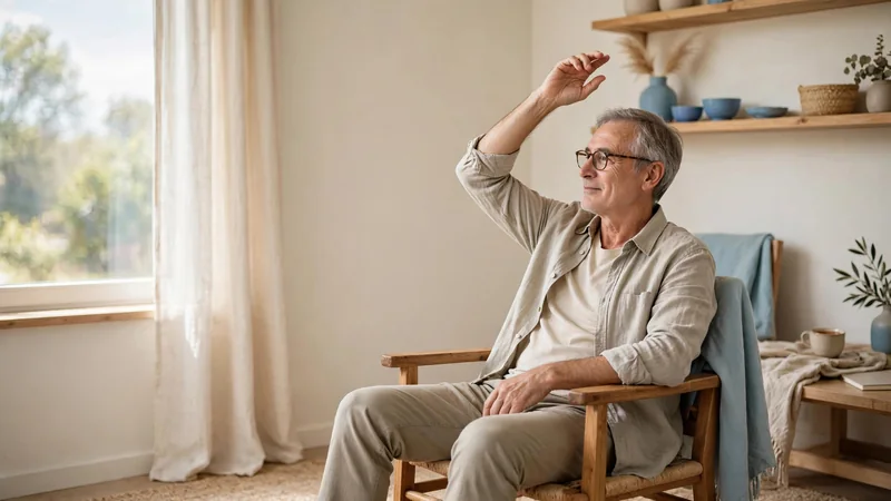 An older man seated in a sturdy chair near a window, one arm gently raised toward a shelf, in a bright home