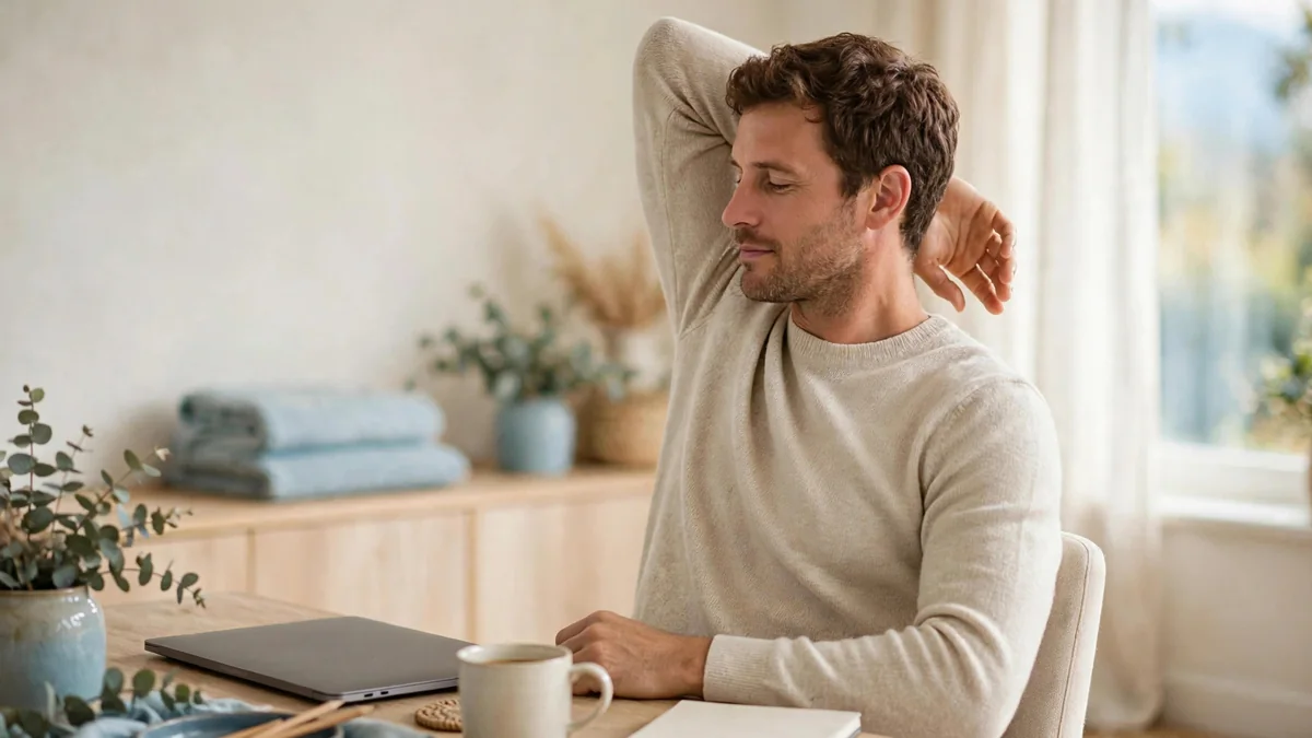 A person seated upright at a desk with a laptop closed, shoulders relaxed and open, in soft morning light